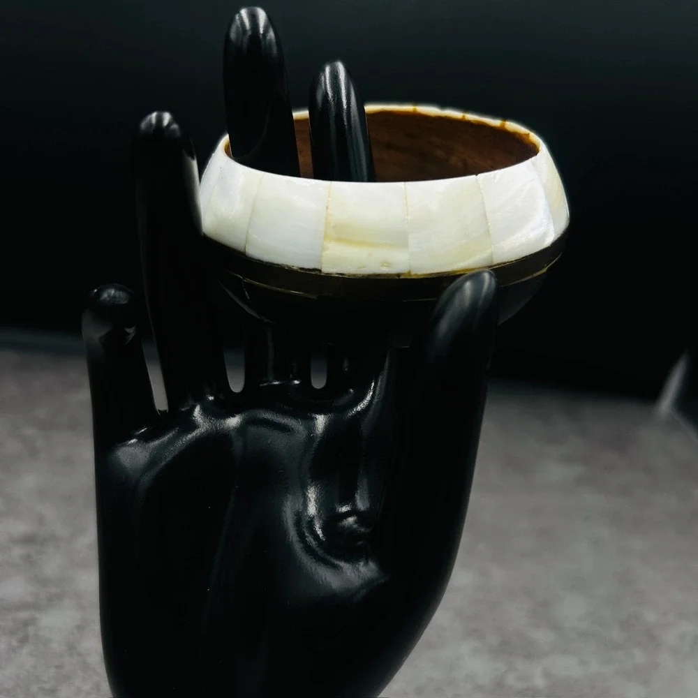 Vintage Inlaid Wood & Brass Bangle Bracelet Boho Artisan Style‎